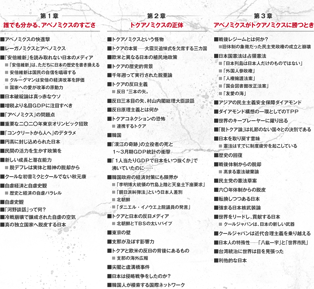 2012年末の安倍政権が誕生してから、さかんに「アベノミクス」という言葉が使われるが、それは単なる経済政策に止まらず、裏に秘められた国家の安全保障、外交の基本方針、ひいては国家の在り方をを問う壮大な構想が含まれている。それを阻害するのが、中国、韓国、北朝鮮の「特定アジア」反日原理主義＝トクアノミクスだ。その正体を、本書は暴き、強い日本を再生させる。