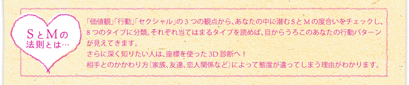SとMの法則とは…「価値観」「行動」「セクシャル」の3つの観点から、あなたの中に潜むSとMの度合いをチェックし、8つのタイプに分類。それぞれ当てはまるタイプを読めば、目からうろこのあなたの行動パターンが見えてきます。